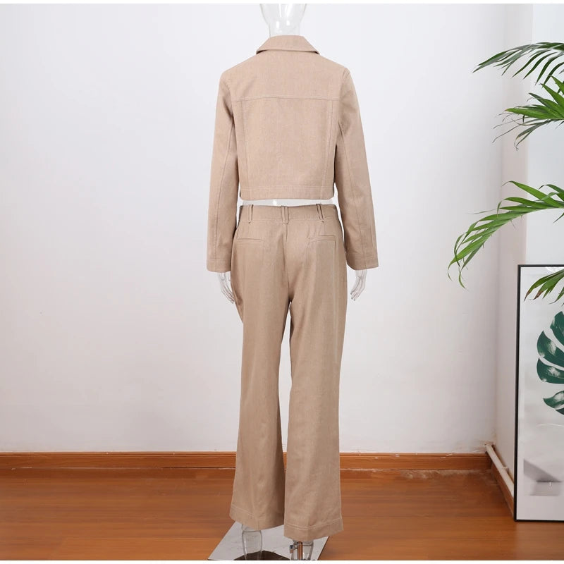 Casual Trousers Set Women Cotton Linen Lapel Zippers Crop Top Straight Pants Sets Lady 2026 Spring Solid Suit Woman Streetwear