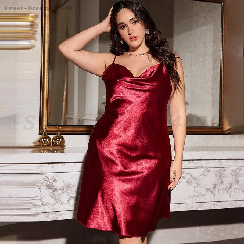 Female Nightgown Sexy Suspender Nightdress Large Size 3XL 4XL 5XL Chemise Sleepwear Silk Satin Bathrobe Loose Home Dressing Gown