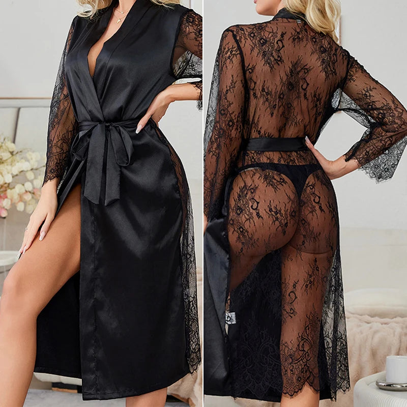Long Robe Lounge Wear Sexy Temptation Perspective Lace Bathrobe Kimono Gown Silky Satin Sleepwear Nightgown Homedress