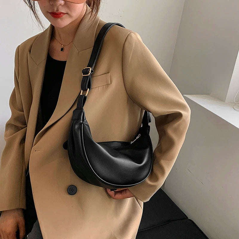 Half Moon Small PU Leather Zipper Crossbody Bags For Women Solid Color Shoulder Handbags 2025 Trends Winter Luxury Brand