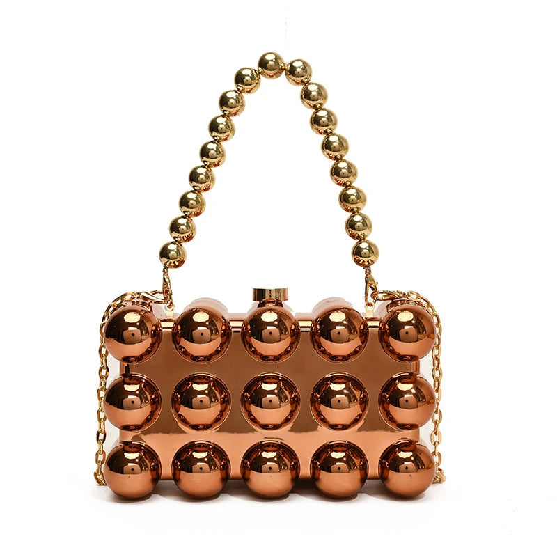 Gold Beaded Chain Banquet Purse Luxury Acrylic Cake Box Bag Women Niche Design Creative High-end Brand Elegant Shoulder Handbag