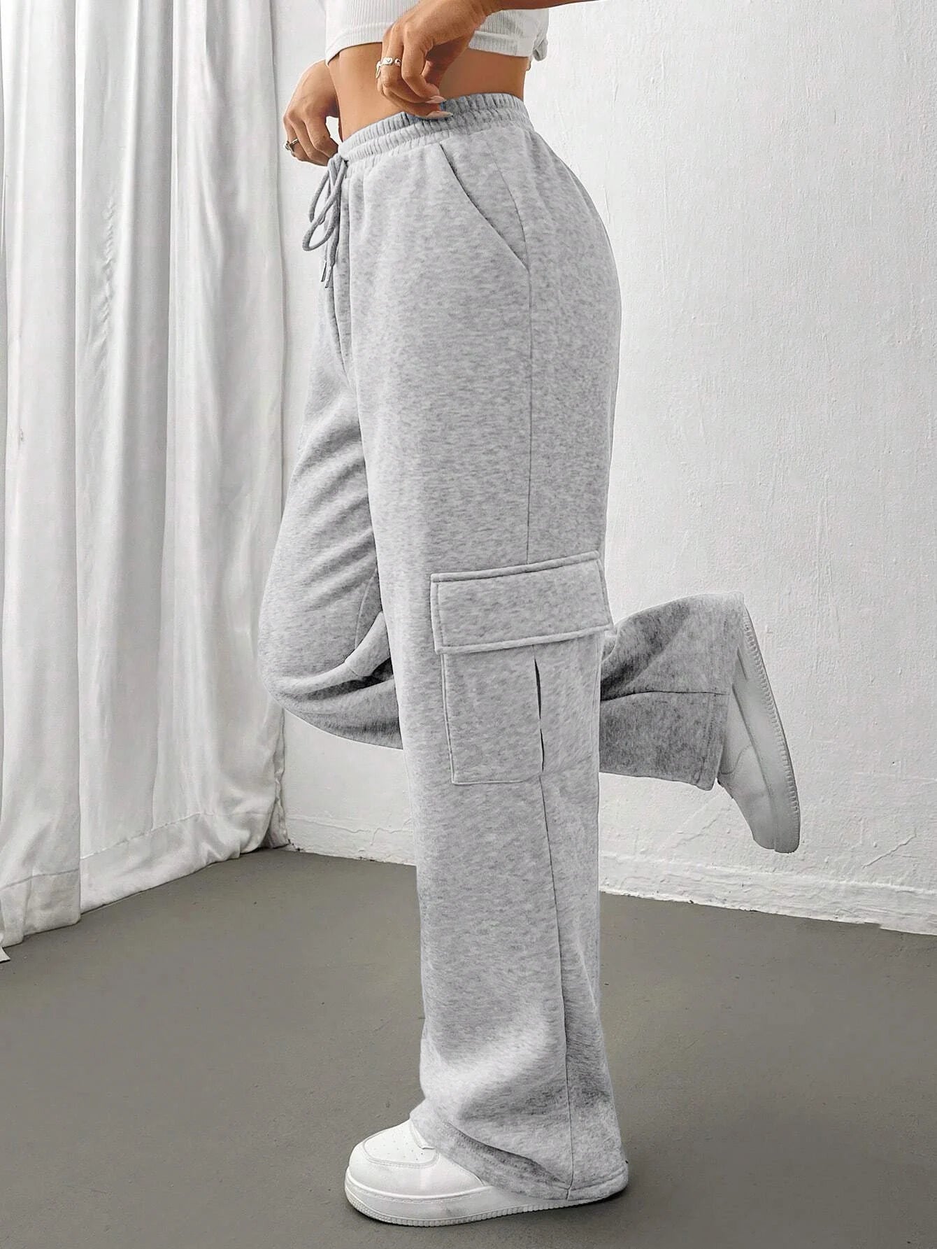 Women's Solid Thermal Lined Pants, Casual Comfy Side Pocket Drawstring Trousers for Winter, Women's Bottoms for Sport Daily Wear