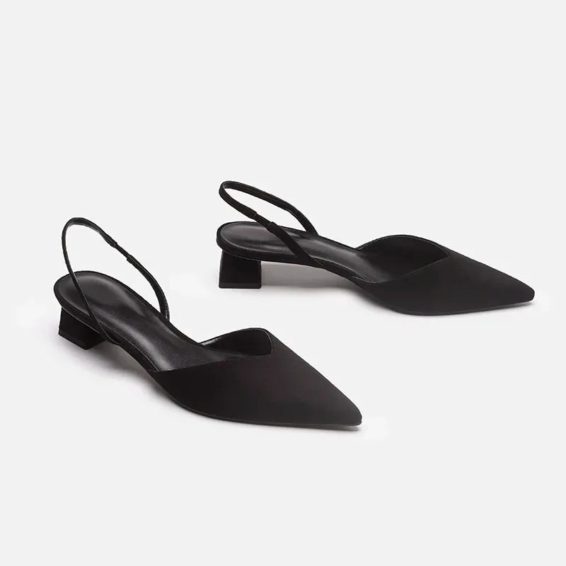 Summer 2025 New Women Black Baotou Fashion Sandals Woman Heels Pumps Silk Sexy Pointed Sandalias Female Low Heels Shoes