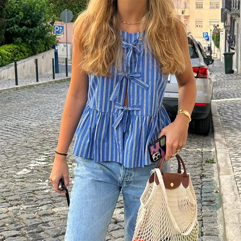 y2k Clothes Tank Top Women Elegant Striped Sleeveless Tie Up Cardigan Vest T Shirt 2000s Aesthetic Streetwear