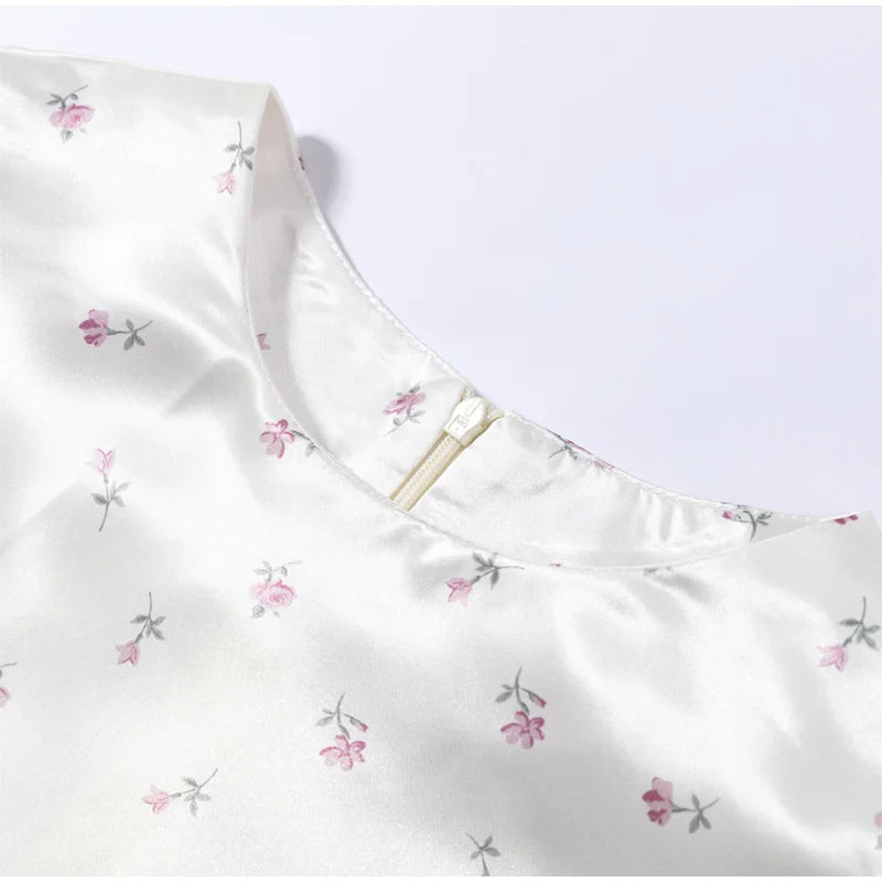 Women's White Floral Print Puff Sleeve Dress With Waistband Fashion Satin Ruffled Hem Maxi Dress