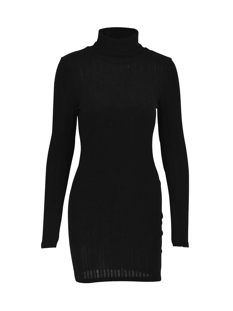 Solid Dresses Autumn Winter New Women Long Sleeves Turtleneck Sexy Bodycon Sheath Mini Dress Club Elegant Party Knitted Dresses