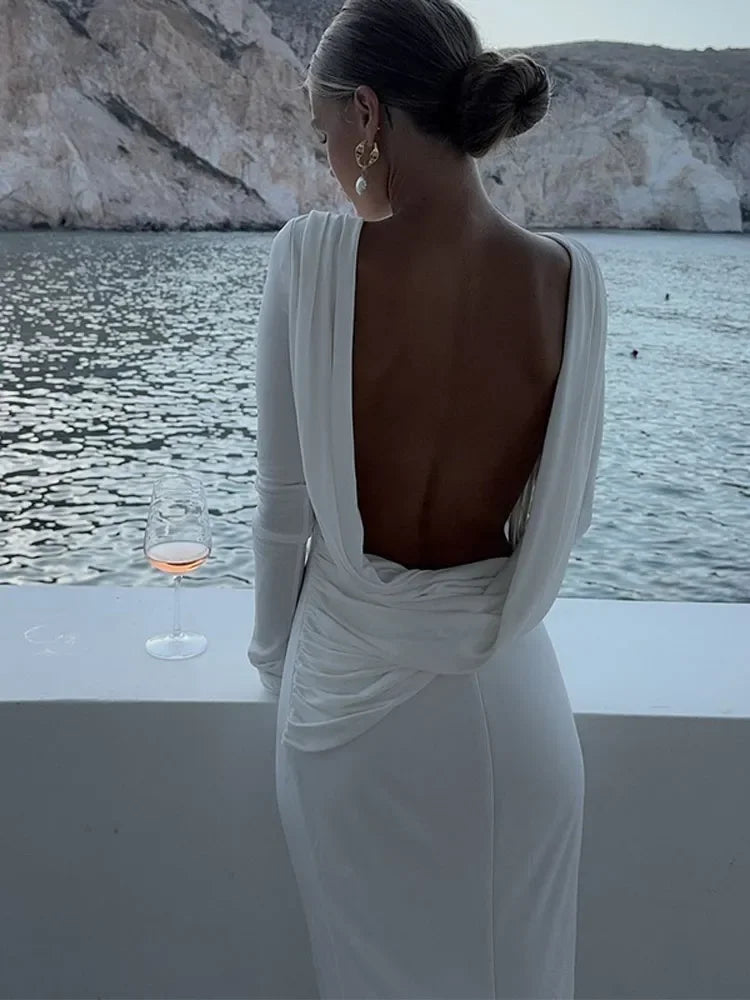 Chic Backless White Long Sleeved Slim Fit Dress for Women Pleated Elegant Round Neck Long Dresses New Female Evening Gowns