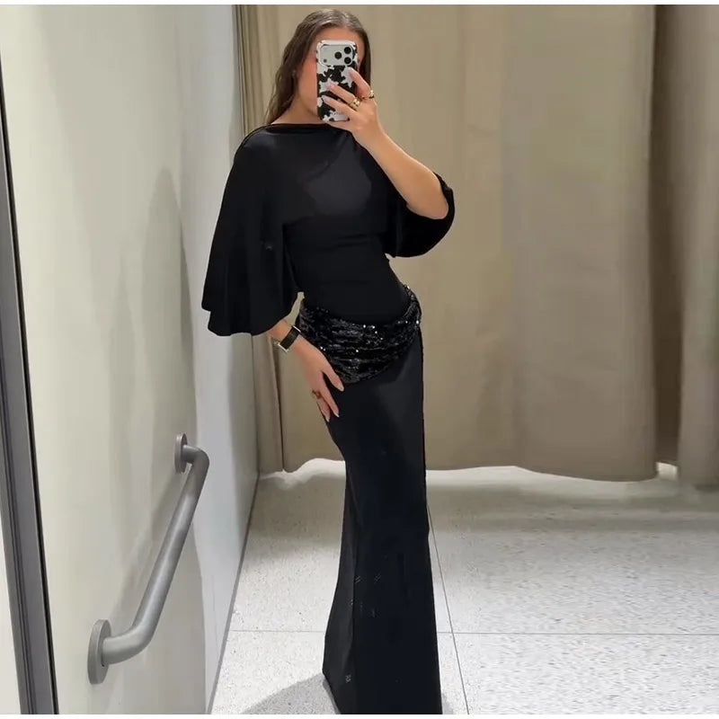 Sequined Patchwork Evening Dress Women Sexy Backless Half Sleeve Slim Hip Package Long Dresses Fashion Elegant Party Robes Lady