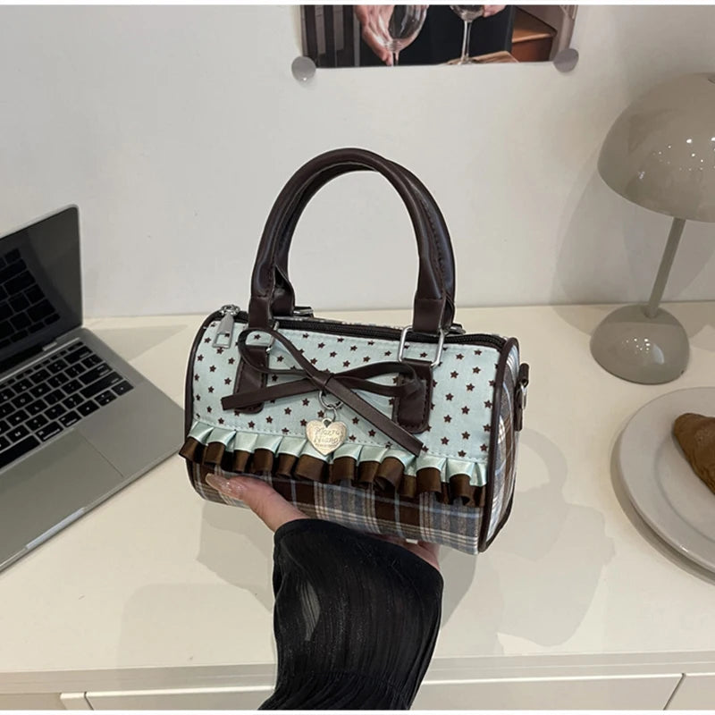 Korean Bow Pillow Bag Women Star Checkered Handbag Blue Brown Pleated Edge Shoulder Bag Cute Heart-shaped Pendant Crossbody Bag