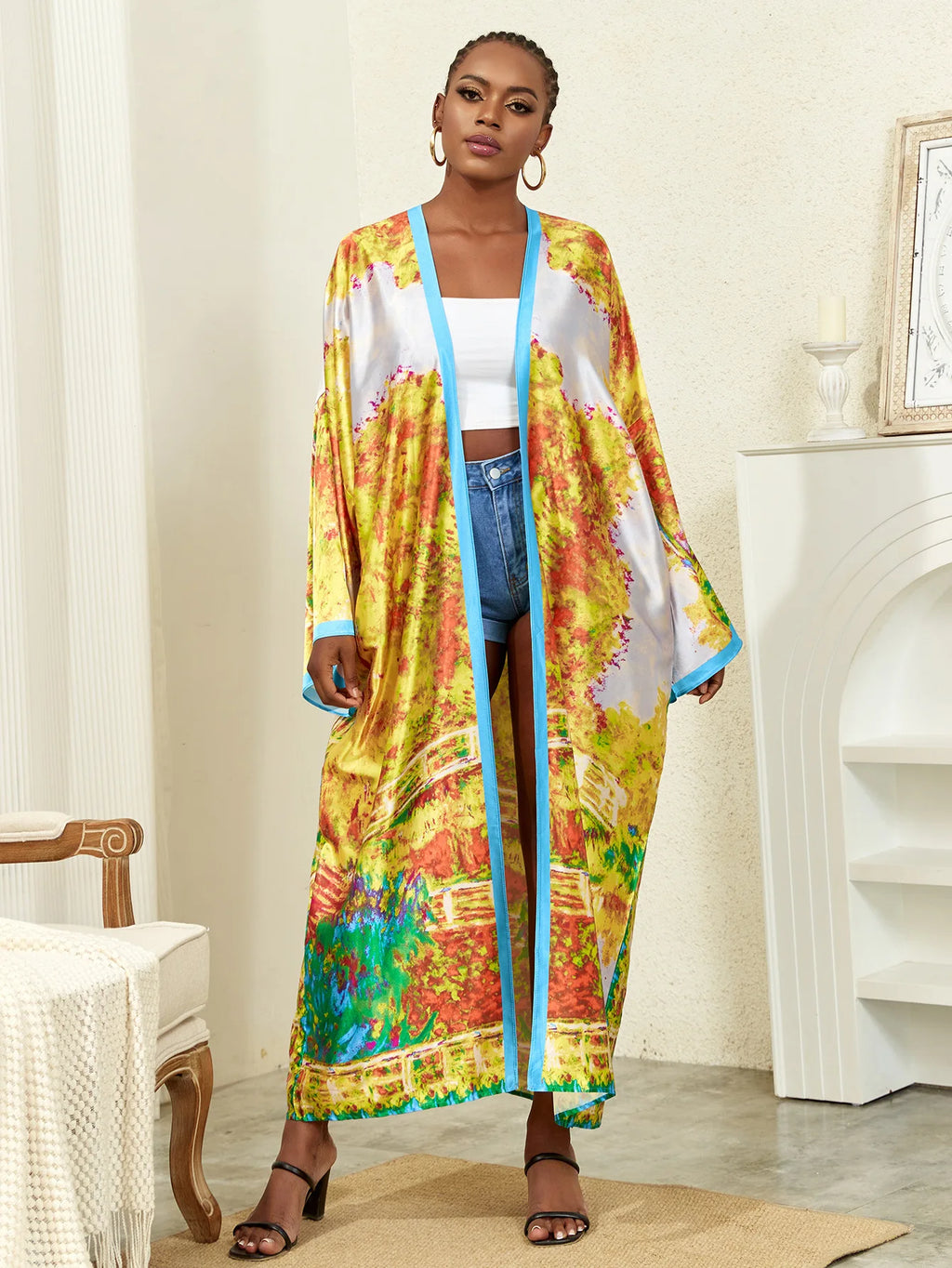 Long Kimono Bath Robe Gown Wide Sleeve Print Flower Robe Women Satin Nightgown New Silk Satin Nightdress V-Neck Lounge Sleepwear