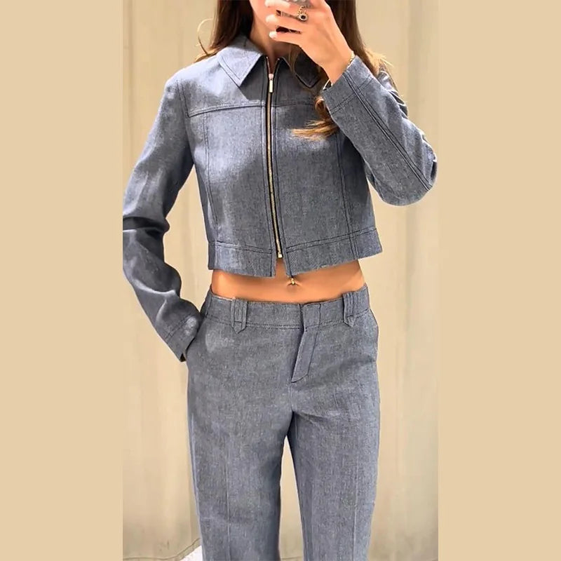 Casual Trousers Set Women Cotton Linen Lapel Zippers Crop Top Straight Pants Sets Lady 2026 Spring Solid Suit Woman Streetwear
