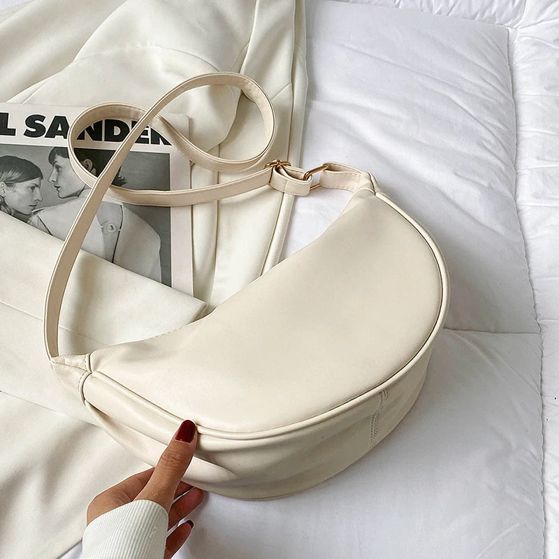 Half Moon Small PU Leather Zipper Crossbody Bags For Women Solid Color Shoulder Handbags 2025 Trends Winter Luxury Brand