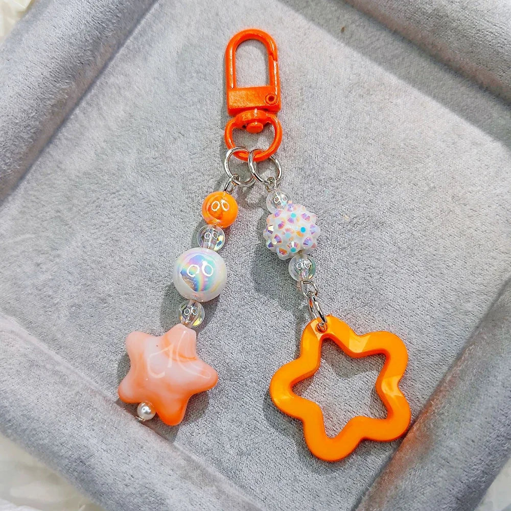 Gradient Color Star Beaded Keychain Imitation Pearl Acrylic Hollow Pentagram Keyring Girls Earphone Case Phone Decor Ornaments