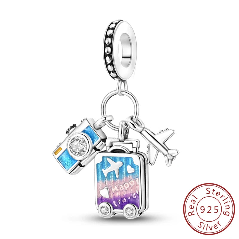 925 Sterling Silver Charms Bead Dangle Airplane Luggage Passport Travel Charms Fit Original Charms Bracelet Jewelry Gift