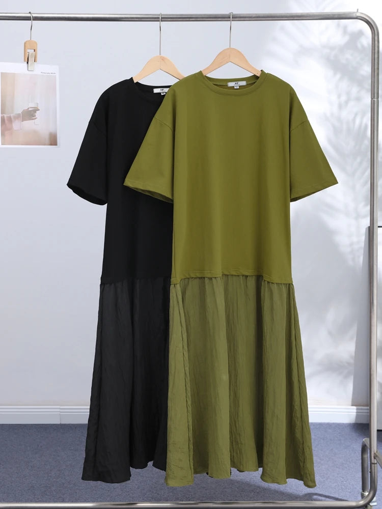 Short Sleeve Patchwork Oversized Long Dress Women Elegant O-neck Pleated Loose Party Evening Dresses Summer Casual Lady Vestidos