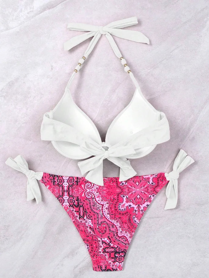 Push Up Halter Bikini Printed Swimsuit Women Sexy Strappy Swimwear Female Bathers Bathing Swimming Swim Suit Beachwear