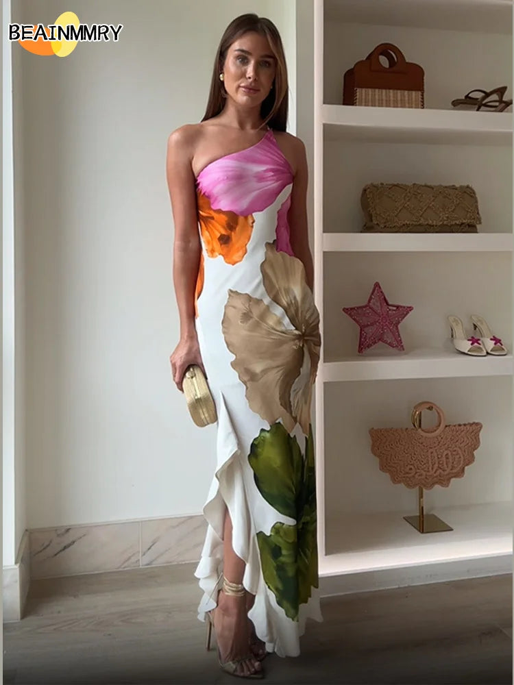 Fashion Printed Curling Edge Dresses Chic Irregular Neck Off Shoulder Open