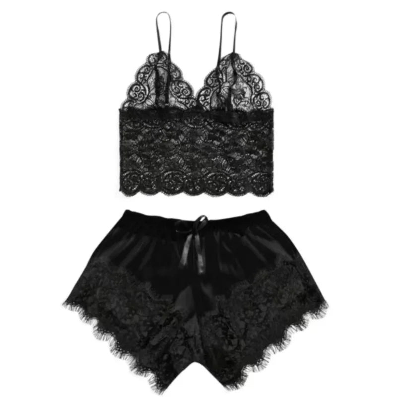 Women's 2 Piece Sexy Lace Pajama Set See-through Bralette Cami Top And Shorts Breathable Sleepwear Plus Size Summer Lingerie
