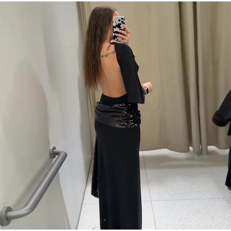 Sequined Patchwork Evening Dress Women Sexy Backless Half Sleeve Slim Hip Package Long Dresses Fashion Elegant Party Robes Lady