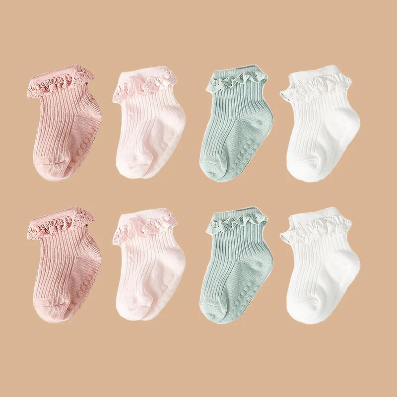 2pairs/lot Children's non slip socks for infants and young children 0-6 months girls' solid colored lace socks baby floor socks