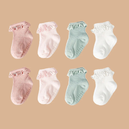 2pairs/lot Children's non slip socks for infants and young children 0-6 months girls' solid colored lace socks baby floor socks