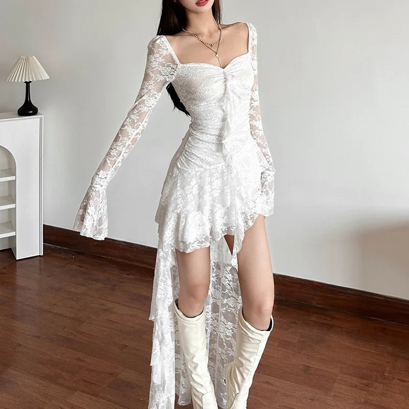 Goth Dark Fairycore Lace Flare Sleeve Square Neck A-line Dress Sweet E-girl Irregular Long Hem Dresses Cyber Y2K Party Vestido