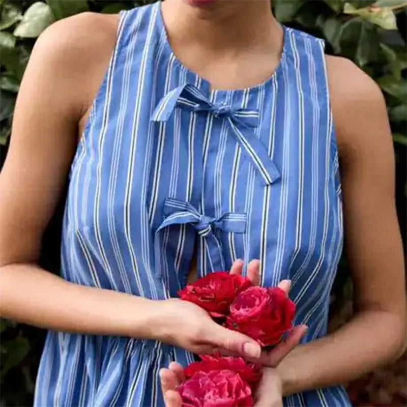 y2k Clothes Tank Top Women Elegant Striped Sleeveless Tie Up Cardigan Vest T Shirt 2000s Aesthetic Streetwear