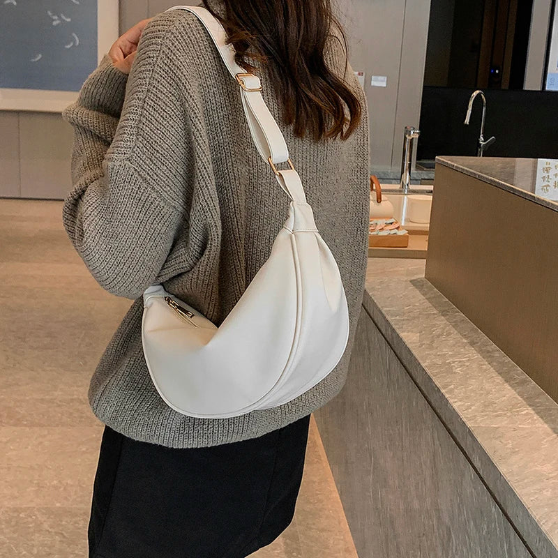 Half Moon Small PU Leather Zipper Crossbody Bags For Women Solid Color Shoulder Handbags 2025 Trends Winter Luxury Brand
