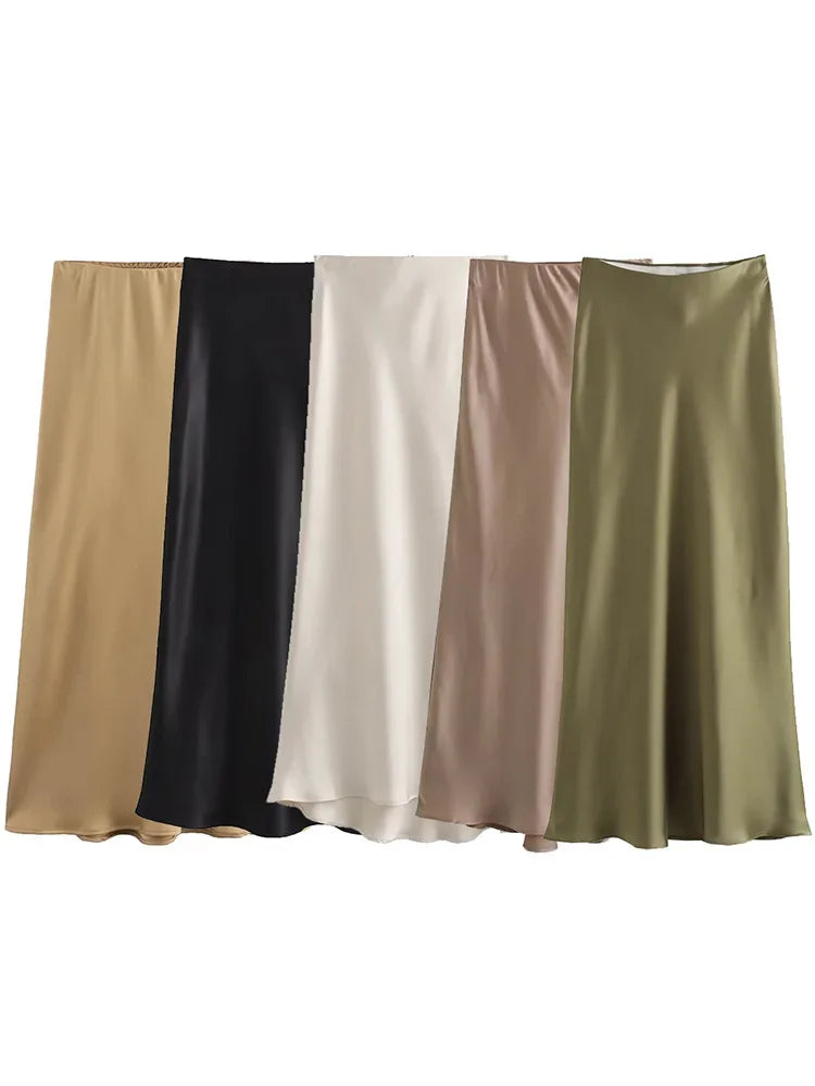 Willshela Black Satin Skirt Woman High Waist Elegant Long Skirts For Women Fashion Summer Midi Skirt Office Women's Skirts