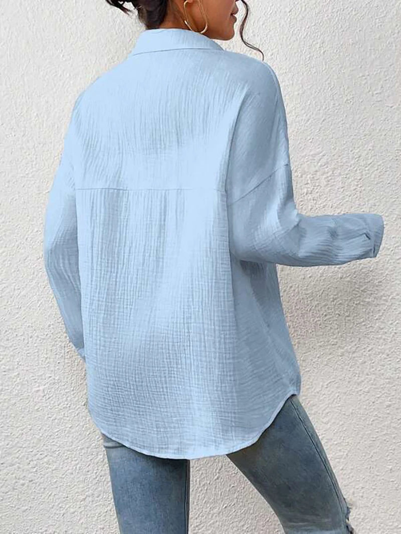 100% Cotton Gauze Muslin Women Shirts Casual Turn Down Collar Long Sleeve Top Office Lady Elegant Blouses for Women Blusas