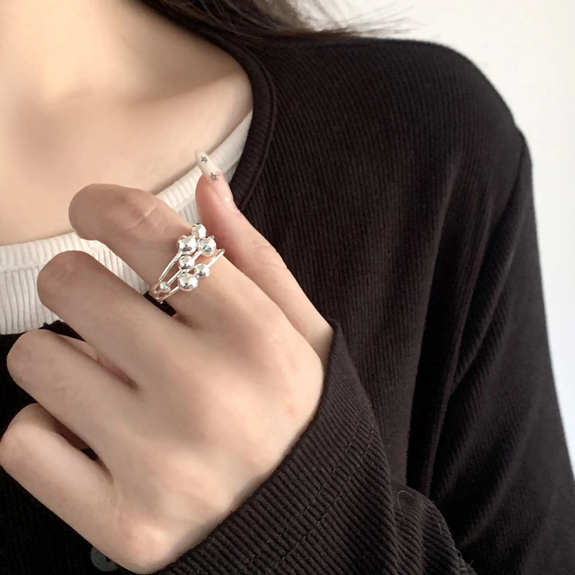 PANJBJ 925 Sterling Silver Pearl Irregular Ring for Women Shell Overlapping Hollow Sweet Design Jewelry Gift Dropshipping