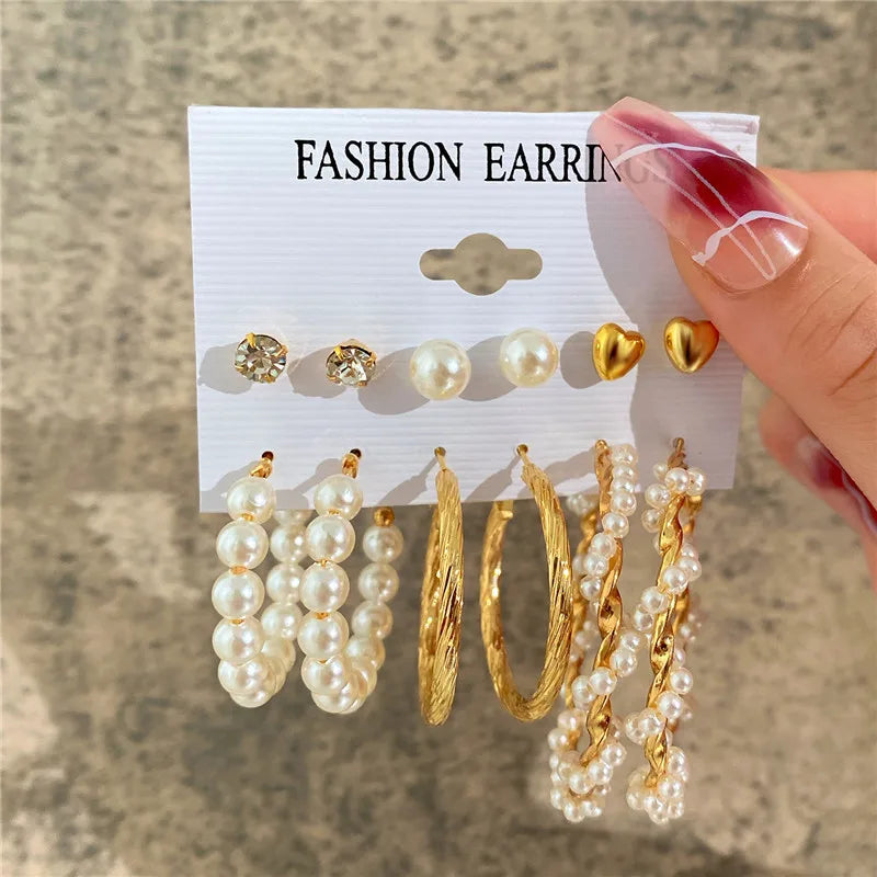 Silver Color Twist Hoop Earrings Set Brincos Heart Pearl Hoops Vintage Metal Geometric Earrings for Women 2023 Trendy Jewerly