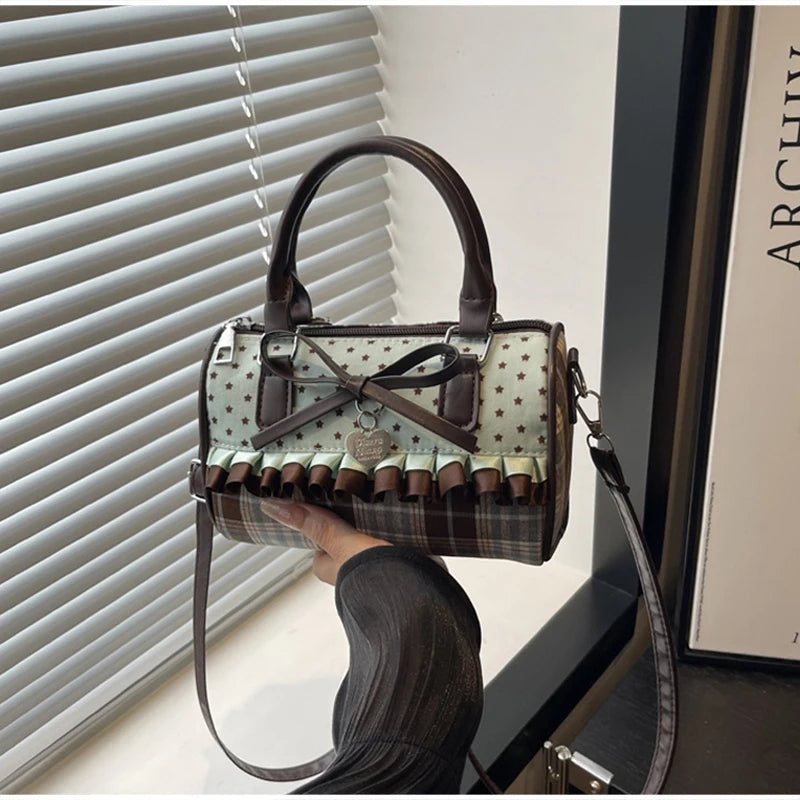 Korean Bow Pillow Bag Women Star Checkered Handbag Blue Brown Pleated Edge Shoulder Bag Cute Heart-shaped Pendant Crossbody Bag