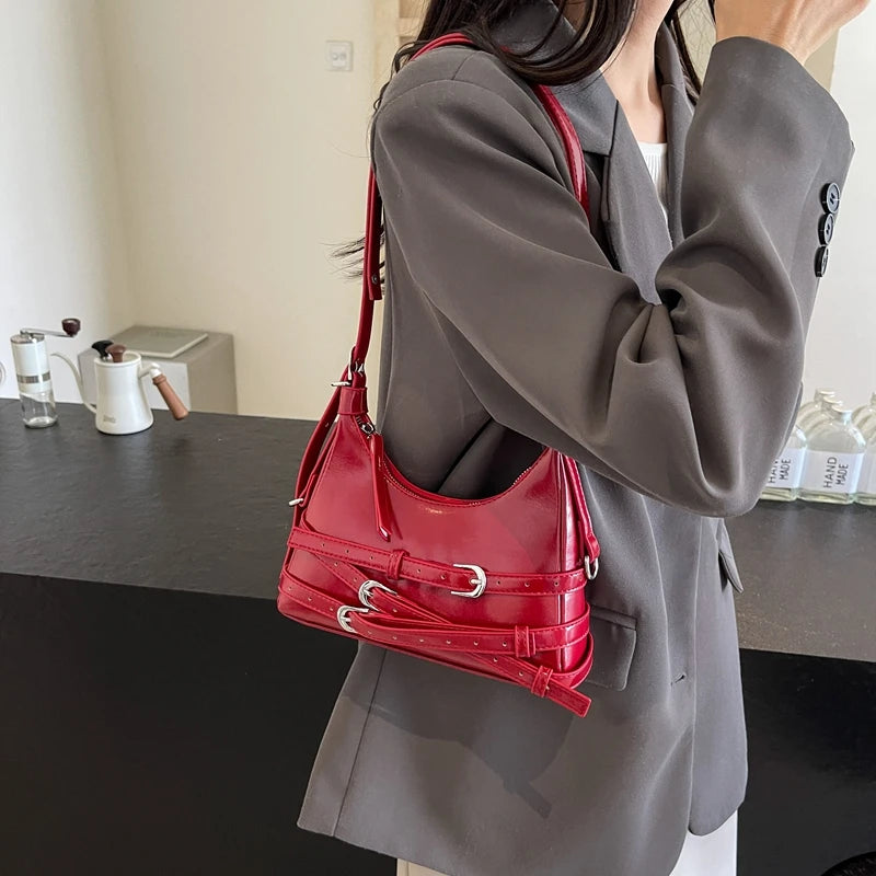 LEFTSIDE Belt Design Small PU Leather Shoulder Bags for Women 2025 Y2K Korean Fashion Crossbody Bag Lady Red Handbags and Purses
