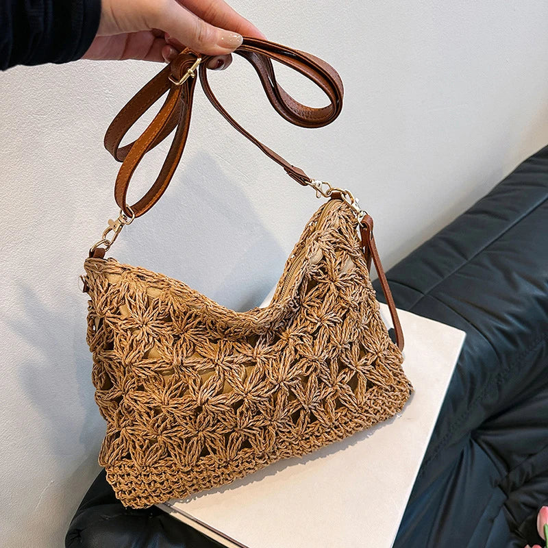 Summer Beach Women Straw Rattan Weave Shoulder Crossbody Bag Hollow Design Female Retro Daily Messenger Handbag