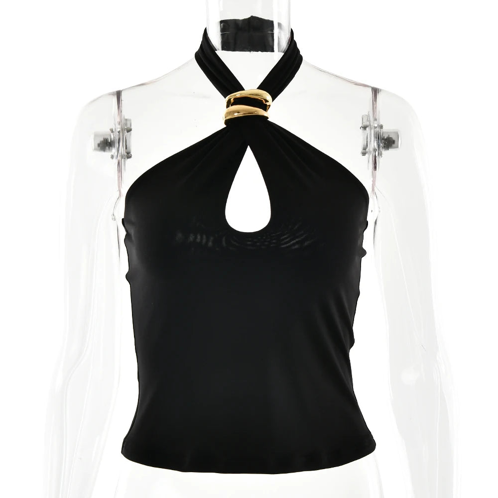 Fantoye Sexy Backless Metal Ring Halter Women Top Black Hollow Out Off Shoulder Crop Vest Female Summer Slim Elegant Streetwear