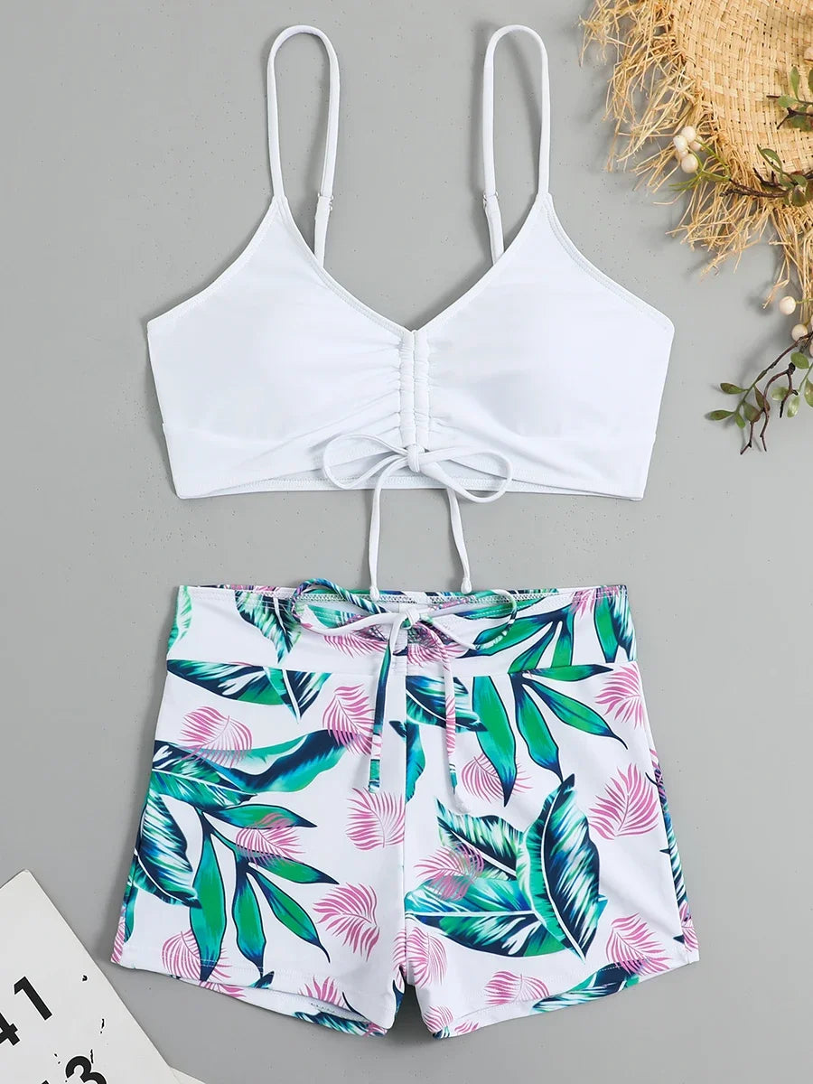 Drawstring Front Shorts Bikinis High Waist Swimsuit Women Swimwear Female Bathers Bathing Swimming Swim Suit Beachwear