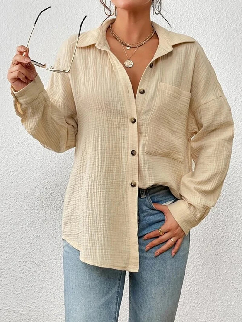 100% Cotton Gauze Muslin Women Shirts Casual Turn Down Collar Long Sleeve Top Office Lady Elegant Blouses for Women Blusas