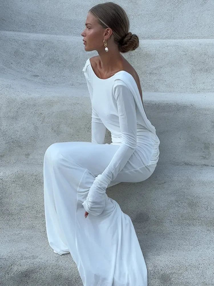 Chic Backless White Long Sleeved Slim Fit Dress for Women Pleated Elegant Round Neck Long Dresses New Female Evening Gowns