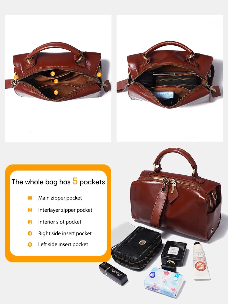 Zency Oil Wax Leather Vintage Green Handbag Women Shoulder Bag Satchel Black Wave Pattern Wide Strap Classic Boston Bag Purse