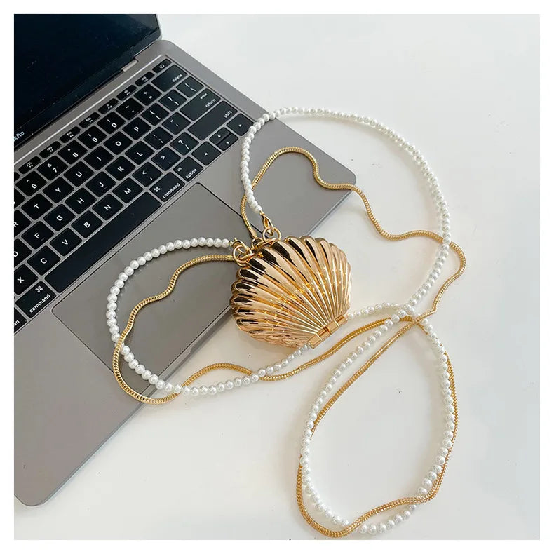 2026 New Summer Lipstick Bags for Women Fashion Pearl Mini Purse Crossbody Bag High Quality Gold Shell Bag Designer Shoulder Bag