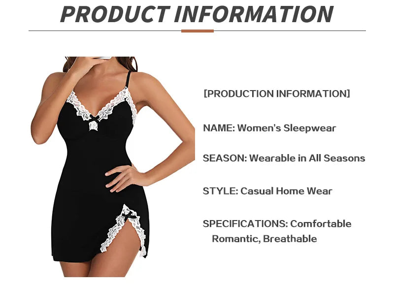 Sexy Summer Sleepwear Women Lace Silk Satin Night Deress Sleeveless V-Neck Split Hem Soft Lingerie Sleepwear Female Clothes