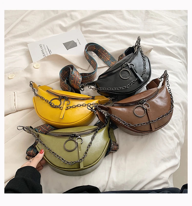 Fashion Saddle Waist Bag Fanny pack Luxury Leather Female Belt Bags Chain Handbag Purse Woman Retro Shoulder Crossbody Chest Bag