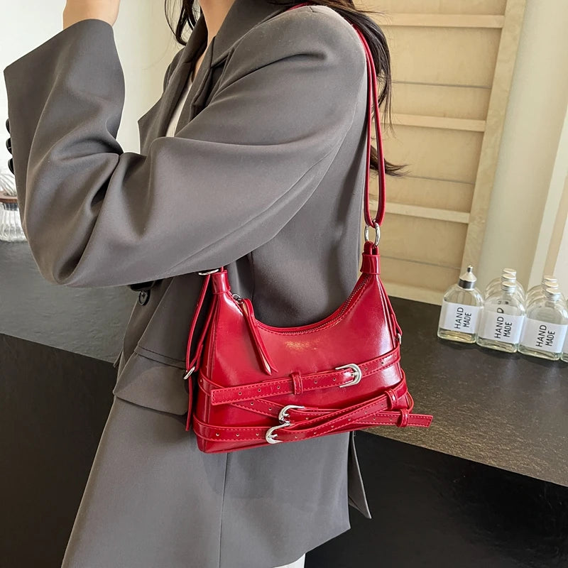 LEFTSIDE Belt Design Small PU Leather Shoulder Bags for Women 2025 Y2K Korean Fashion Crossbody Bag Lady Red Handbags and Purses