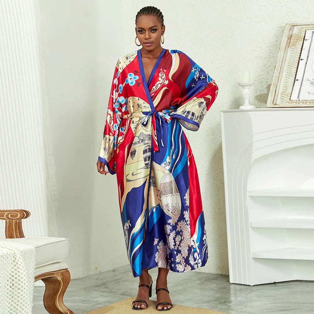 Long Kimono Bath Robe Gown Wide Sleeve Print Flower Robe Women Satin Nightgown New Silk Satin Nightdress V-Neck Lounge Sleepwear