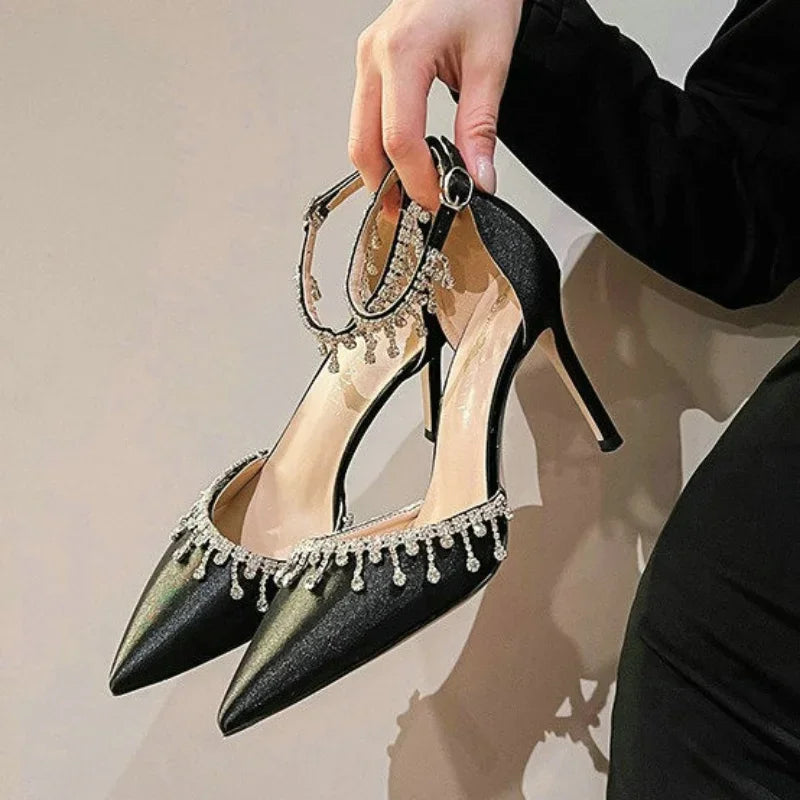 Comemore White Wedding Bridesmaid Shoes Satin Fashion Rhinestone Fringe Chain High Heels Black Temperament Elegance Pumps