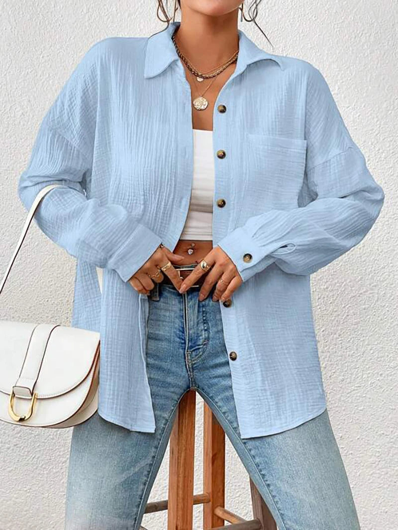 100% Cotton Gauze Muslin Women Shirts Casual Turn Down Collar Long Sleeve Top Office Lady Elegant Blouses for Women Blusas