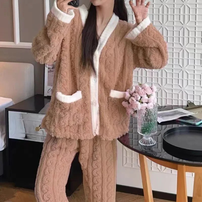 Autumn And Winter 2 Sets Of Maternity Women Sleepwear Homewear Women Thickened Loose Students Coral Velvet Pajamas Homewear