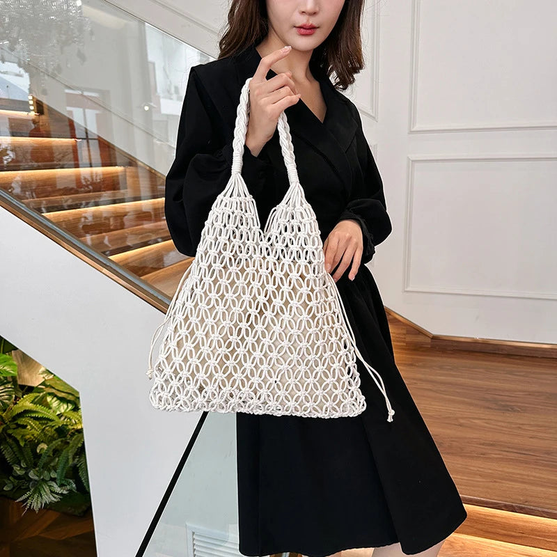 Summer Woven Bag for Women Handbags Handmade Knitted Beach Boho Shoulder Bag Large Tote Bag Hollow Out Shopping Bag