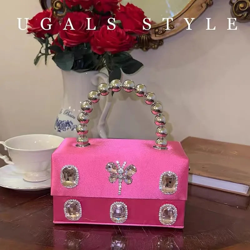 Luxury Designer Satin Square Box Crystal Shiny Diamonds Evening Bag Women's Handbag Wedding Party Clutch Purse Crossbody Bag